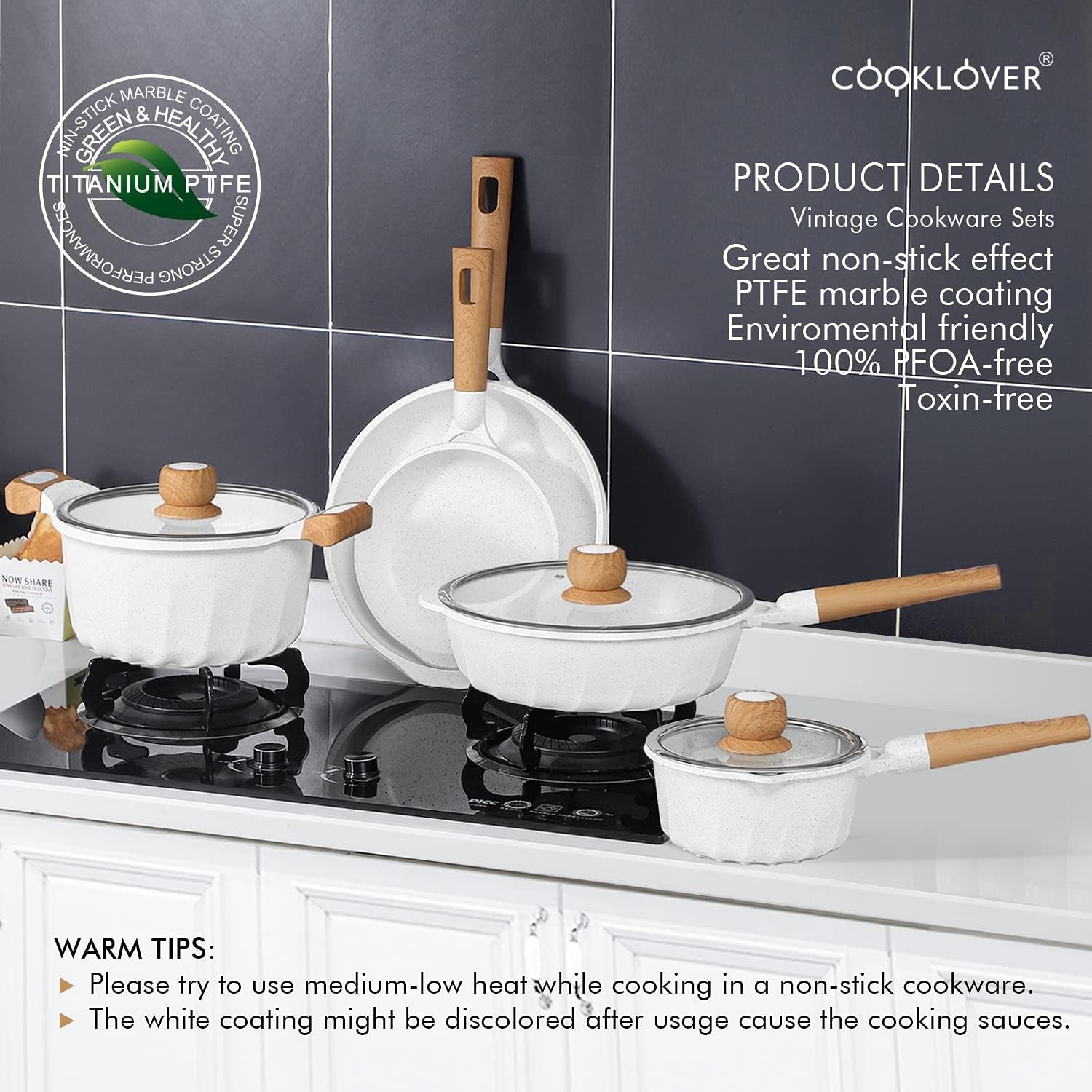 Professional Induction Cookware Set - Nonstick, 100% PFOA Free Pots and Pans with Cooking Utensil Pack - 13 Pieces - White
