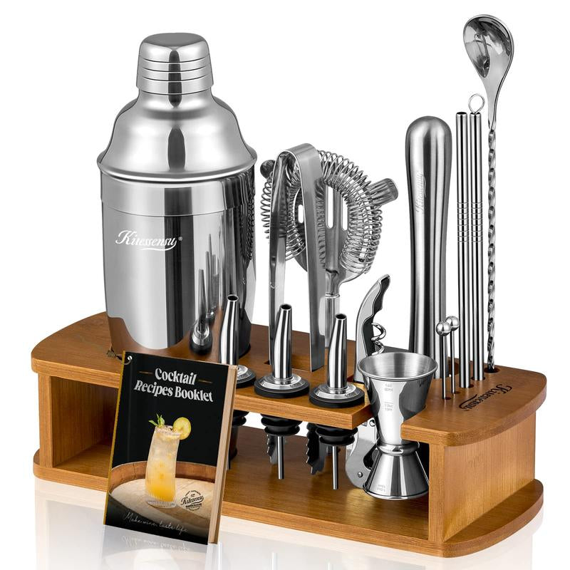 Kitessensu Mixology 15 Piece Bar Set with Stand, Stainless Steel Cocktail Shaker Kit with Measuring Scale - Utensils for Home Bartenders, Gift for Him/Her