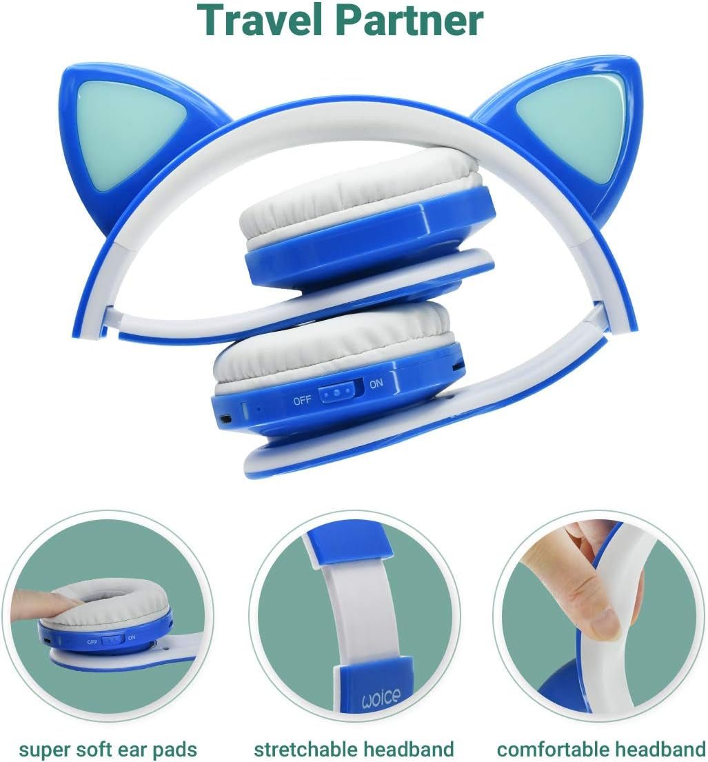 Wireless Bluetooth Kids Headphones, LED Flashing Lights, Music Sharing Function, 85Db Volume Limited, Over-Ear and Build-In Mic Wireless/Wired Children Headphones for Boys Girls (Blue)
