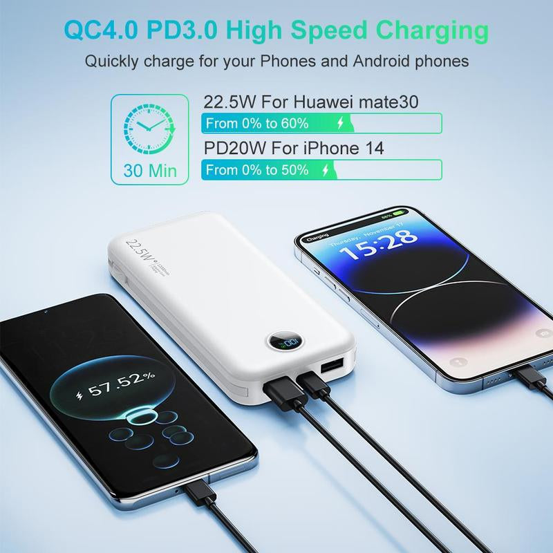 12000Mah Power Bank with Built-In 2 Self-Cables, 1 Count SCP22.5W PD20W Fast Charging Power Bank with Type-C Output/Input & LED Digital Display Screen, Compatible with Iphone, Galaxy and Other Electronic Products