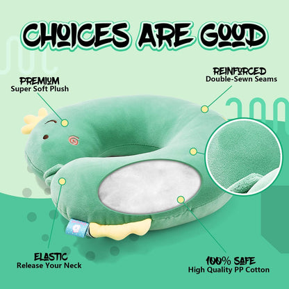 Kid Travel Pillow for Car Airplane Soft Kids Neck Pillow for Head Chin Support Cute Animal U Shaped Travel Pillow Portable Essential for Road Trip Traveling Green Dinosaur