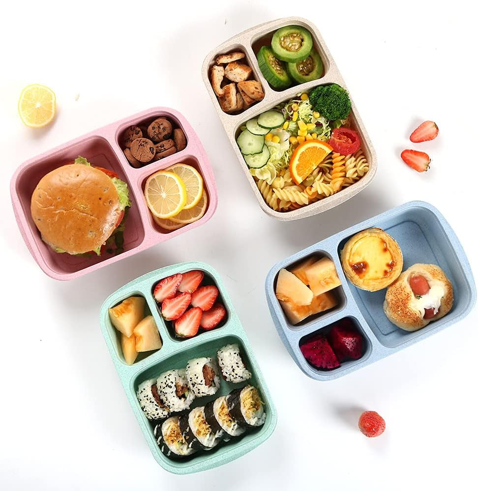 4 Pack Bento Lunch Box, 3 Compartment Meal Prep Containers, Lunch Box Containers for Kids Adults, Plastic Reusable Food Storage Containers - Stackable, Suitable for Schools,Work and Travel