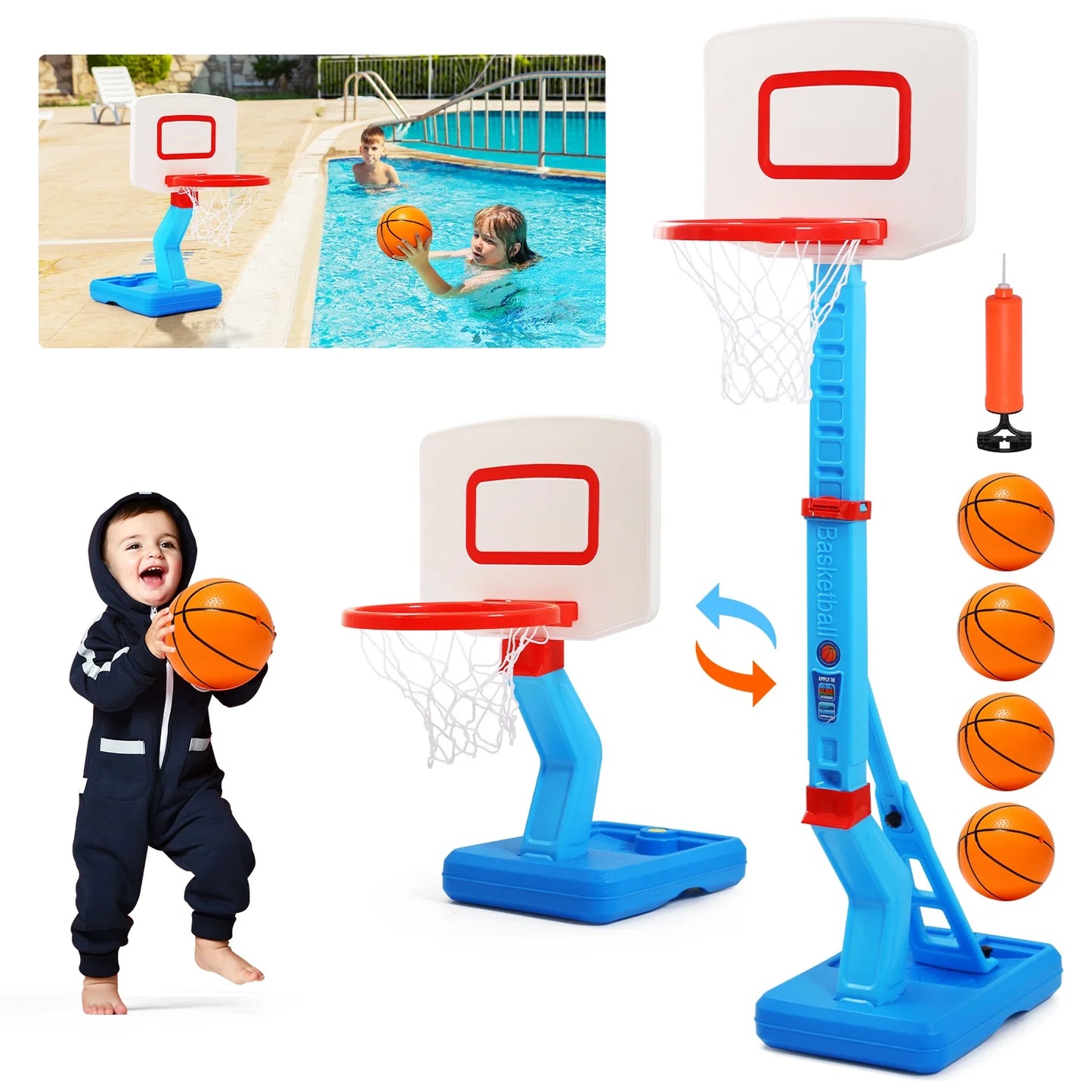 2 in 1 Kids Basketball Hoop, Toddler Basketball Hoop Indoor Mini Adjustable Poolside Basketball Goals with Ball Pump for Boys Girls Outdoor Toys