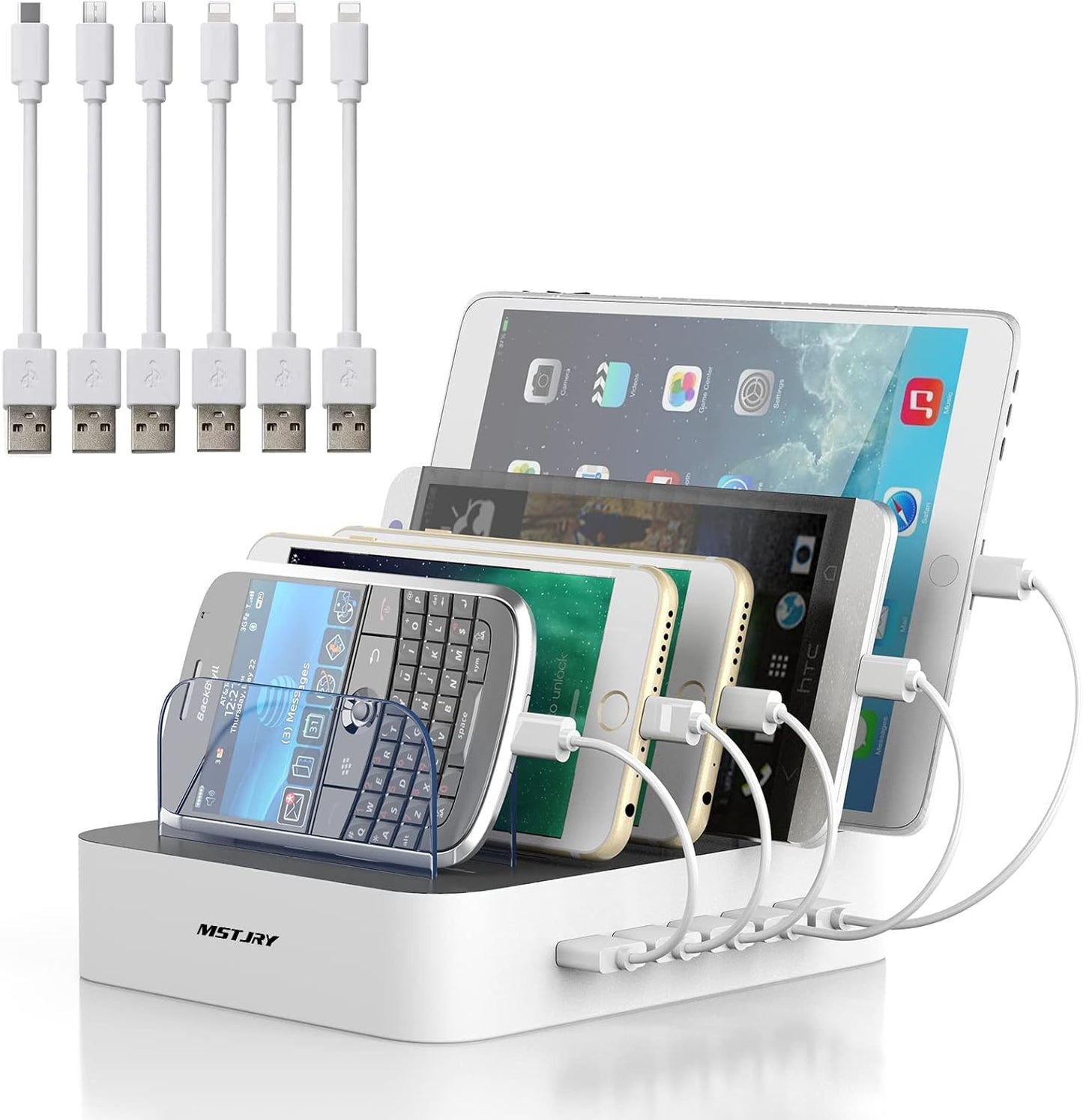 Charging Station for Multiple Devices,  5 Port Multi USB-A Charger Station with Power Switch Designed for Iphone Ipad Cell Phone Tablets (White, 6 Mixed Short Cables Included)