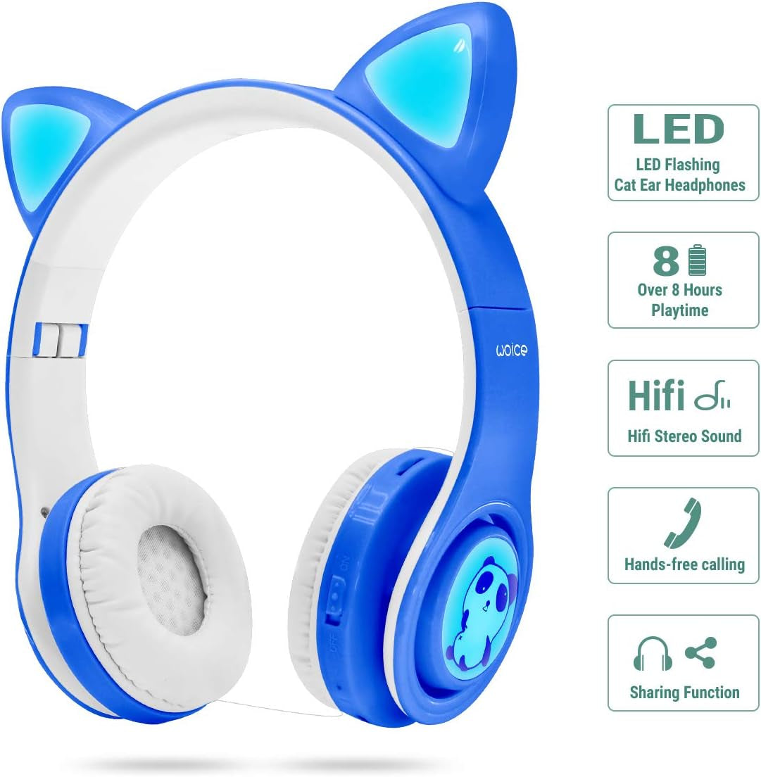 Wireless Bluetooth Kids Headphones, LED Flashing Lights, Music Sharing Function, 85Db Volume Limited, Over-Ear and Build-In Mic Wireless/Wired Children Headphones for Boys Girls (Blue)