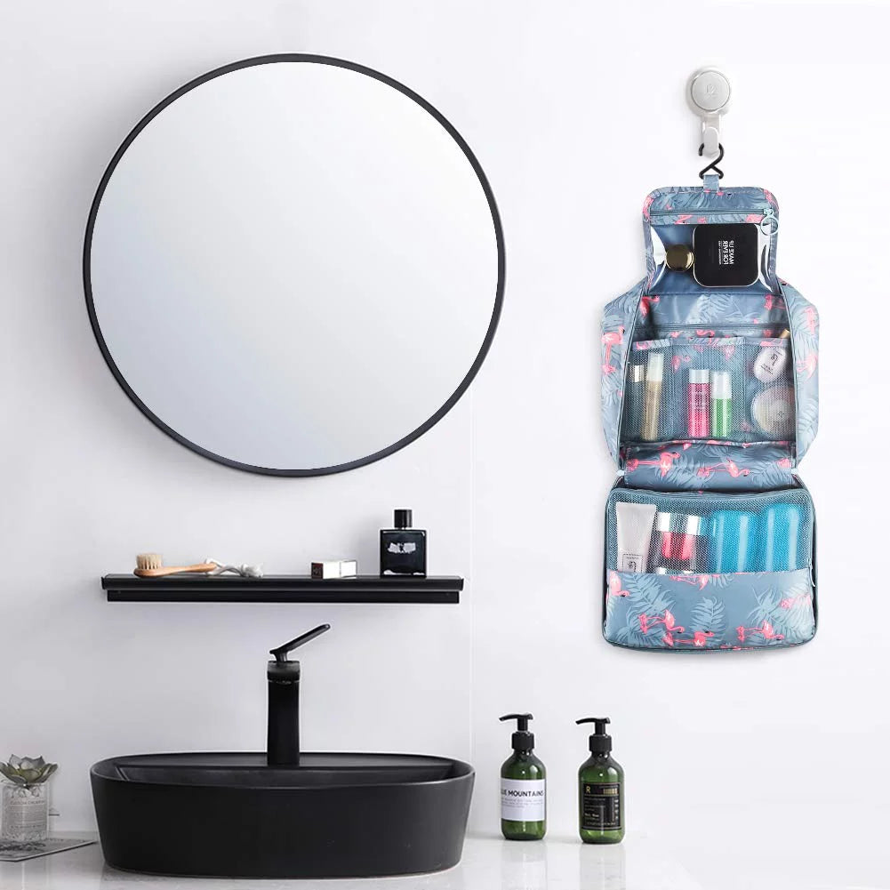 Hanging Travel Toiletry Bag, Flamingo Makeup Cosmetic Organizer Bag for Woman and Girls Bathroom and Shower Organizer Bag Waterproof, Light Blue