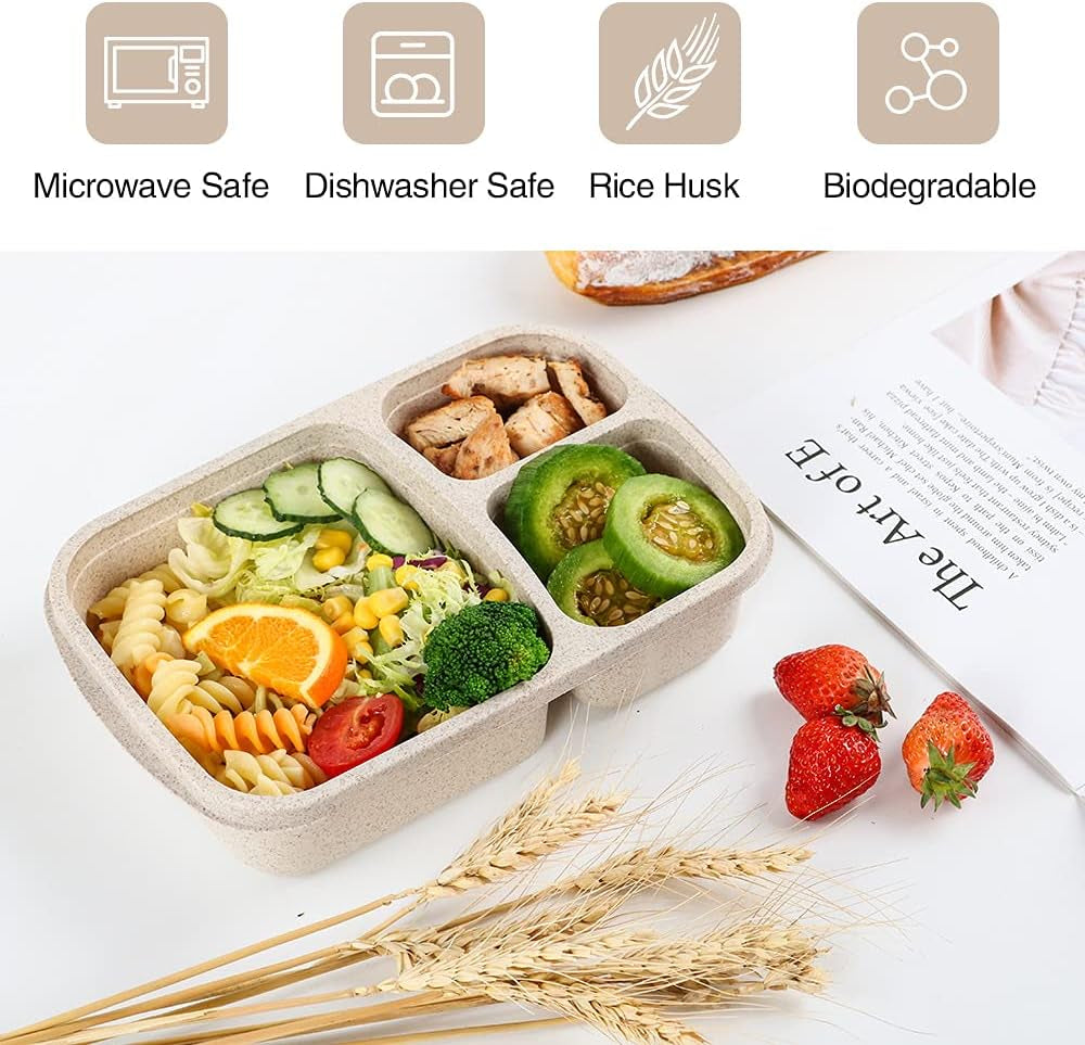 4 Pack Bento Lunch Box, 3 Compartment Meal Prep Containers, Lunch Box Containers for Kids Adults, Plastic Reusable Food Storage Containers - Stackable, Suitable for Schools,Work and Travel