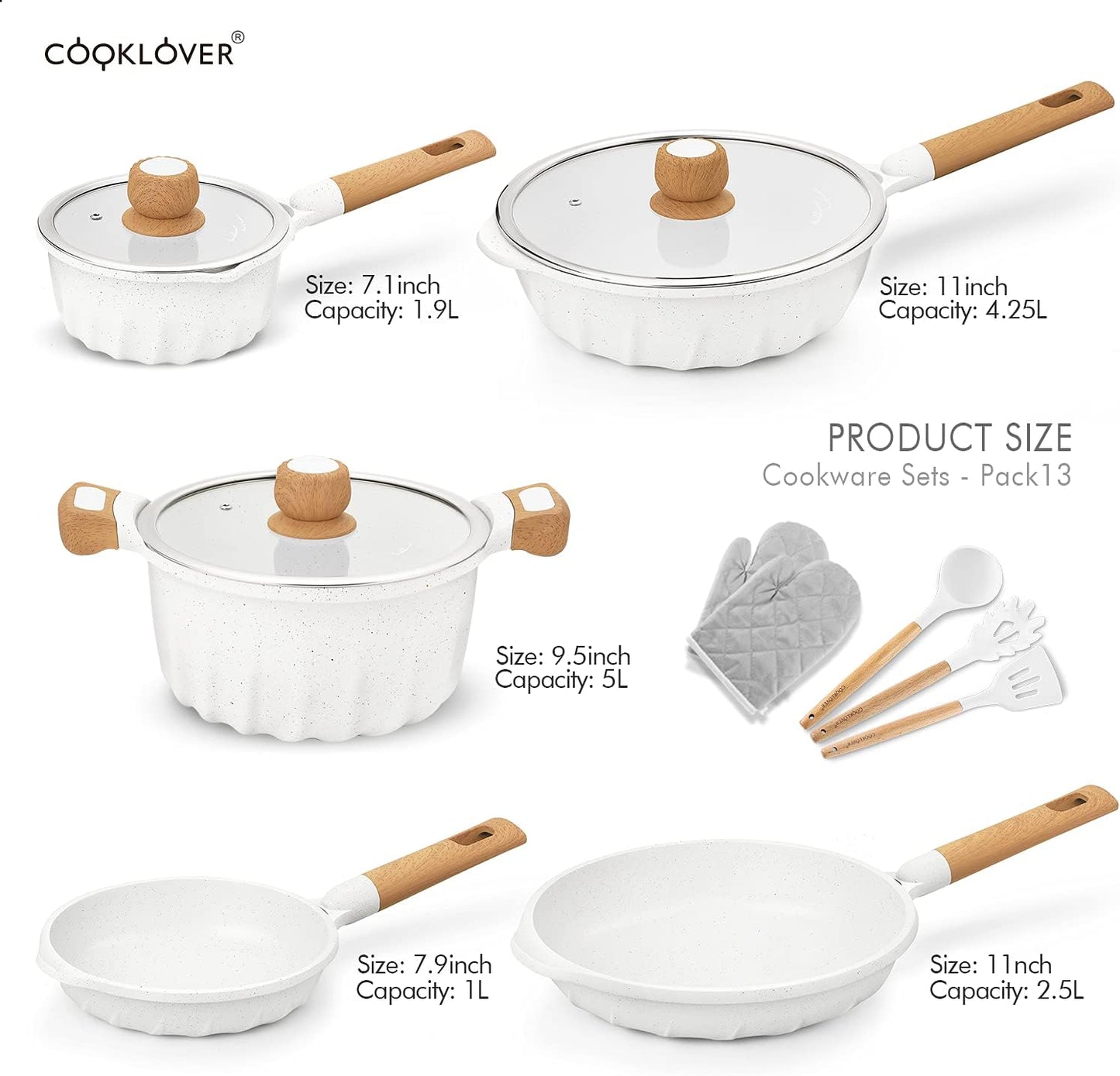 Professional Induction Cookware Set - Nonstick, 100% PFOA Free Pots and Pans with Cooking Utensil Pack - 13 Pieces - White