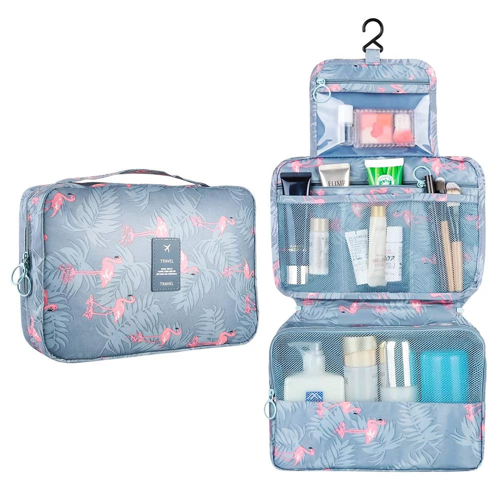 Hanging Travel Toiletry Bag, Flamingo Makeup Cosmetic Organizer Bag for Woman and Girls Bathroom and Shower Organizer Bag Waterproof, Light Blue