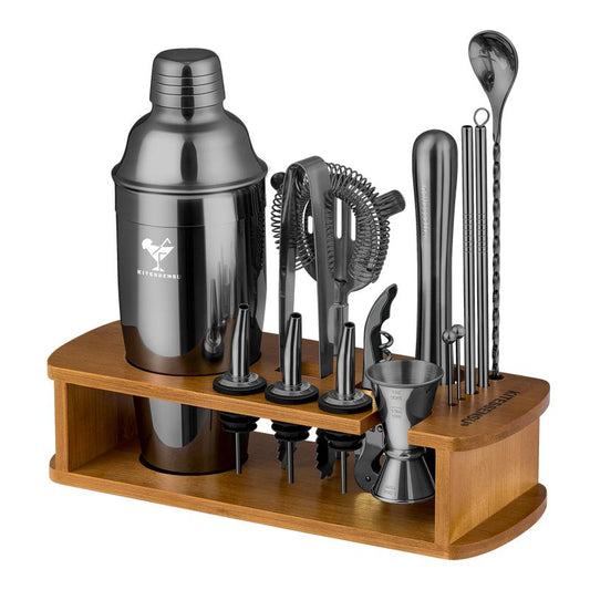 Kitessensu Mixology 15 Piece Bar Set with Stand, Stainless Steel Cocktail Shaker Kit with Measuring Scale - Utensils for Home Bartenders, Gift for Him/Her