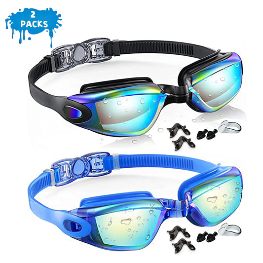 Swim Goggles 2 Pack, Wide View Anti-Uv Anti-Fog Swimming Goggles for Audlt, No Leaking Swim Glasses for Men Women Youth